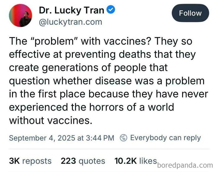 Tweet by Dr. Lucky Tran discussing vaccines and their impact on the world we're living in with high engagement stats.