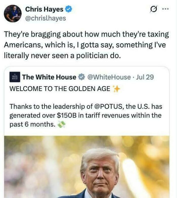 Tweet screenshot showing political commentary on U.S. tariff revenues and taxation, highlighting straight to the point posts.