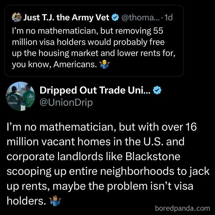 Twitter conversation discussing housing market issues and rent increases, highlighting visa holders and corporate landlords in today's world.
