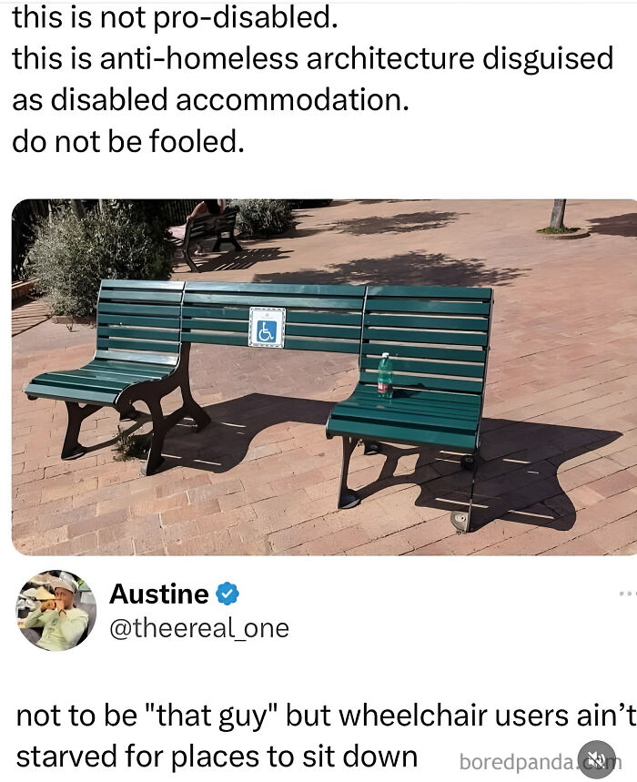 Bench with a wheelchair sign shows anti-disabled design, highlighting issues in the world we're living in.