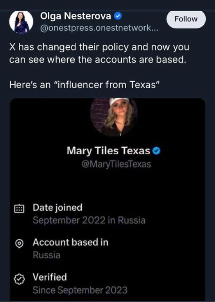 Screenshot showing social media account location revealing influencer from Texas is actually based in Russia, calling out the world we live in.