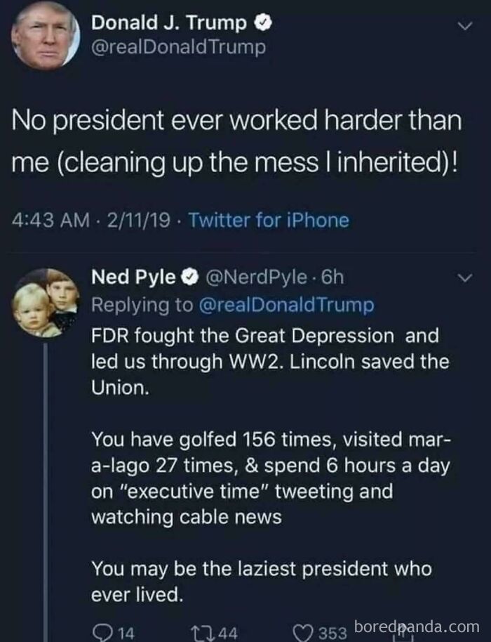 Screenshot of Twitter exchange calling out the world we’re living in with posts about presidential work ethic and criticism.