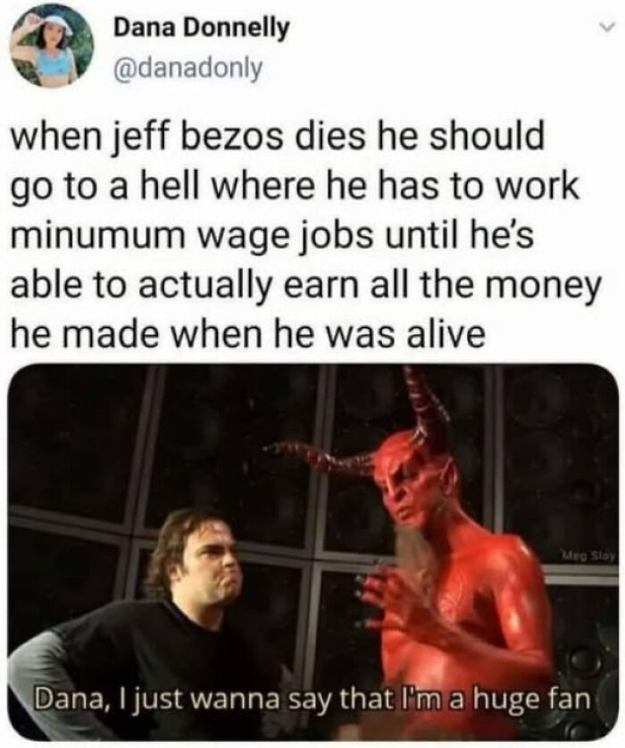Meme post critiquing wealth with text about Jeff Bezos and a scene featuring a red demon and a man in discussion.