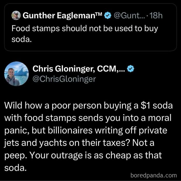 Social media posts highlighting economic inequality and calling out the world we're living in with sharp commentary.