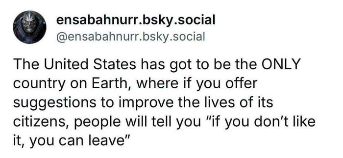 Social media post calling out the world we’re living in, highlighting criticism of the United States' response to suggestions.