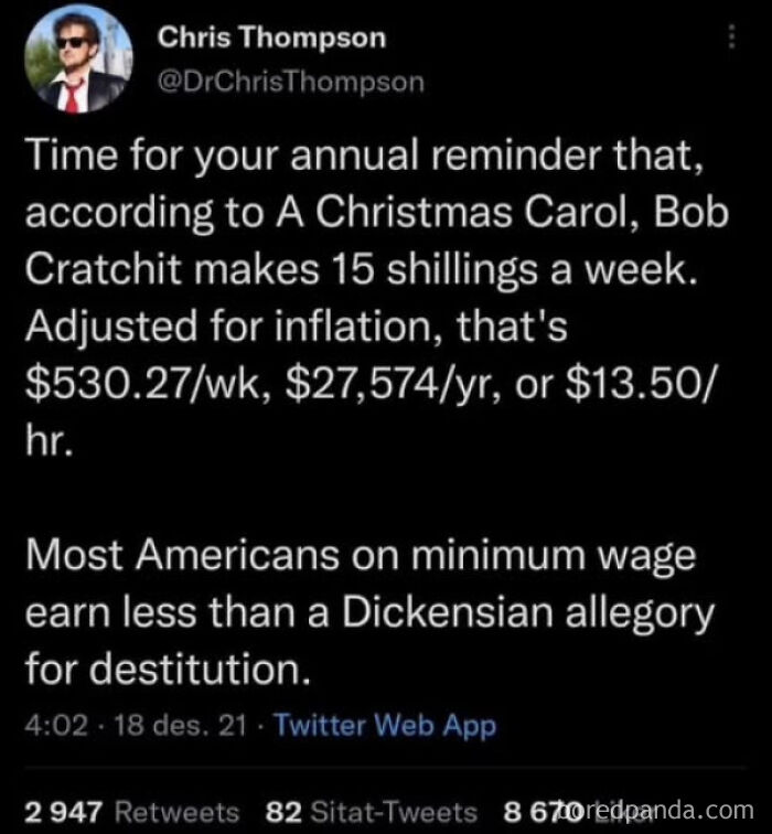 Tweet highlighting inflation-adjusted wages compared to minimum wage, reflecting straight to the point posts calling out the world.