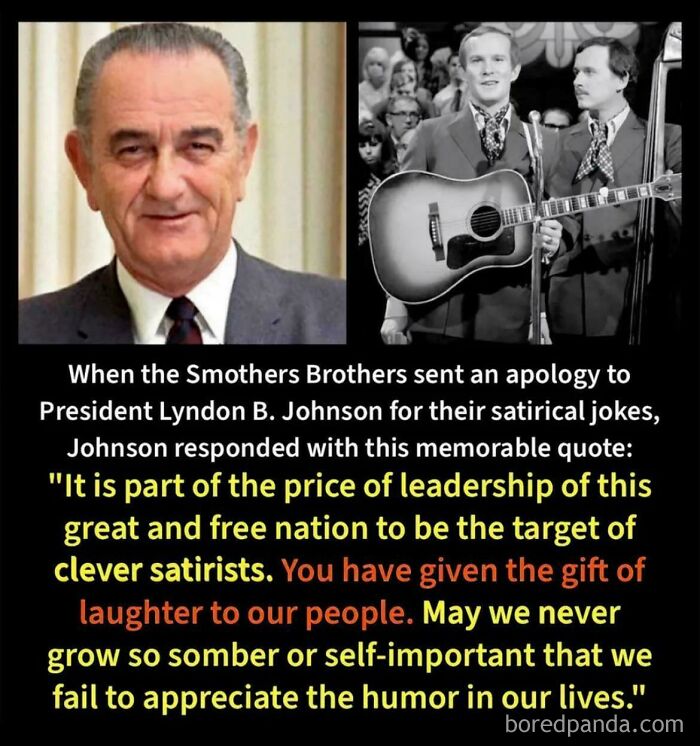 Portrait of President Lyndon B. Johnson next to the Smothers Brothers performing, highlighting leadership and satire posts.