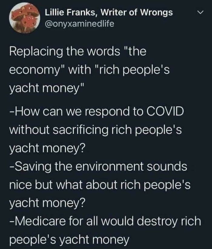 Tweet about replacing the economy with rich people's yacht money highlighting social and economic critiques.