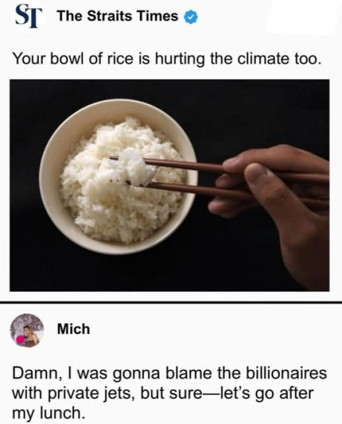 Social media post highlighting environmental impact of daily habits with a bowl of rice and climate commentary.