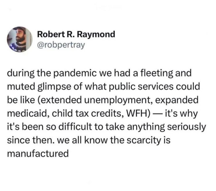 Tweet by Robert R. Raymond discussing public services and manufactured scarcity during the pandemic in straight to the point posts.