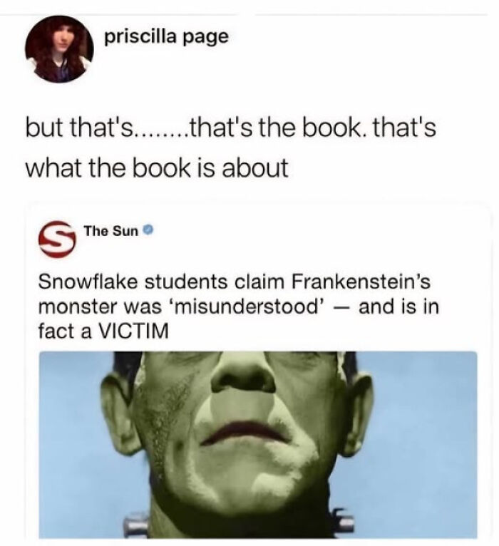 Screenshot of a social media post calling out snowflake students misinterpreting Frankenstein’s monster as a victim in modern posts.
