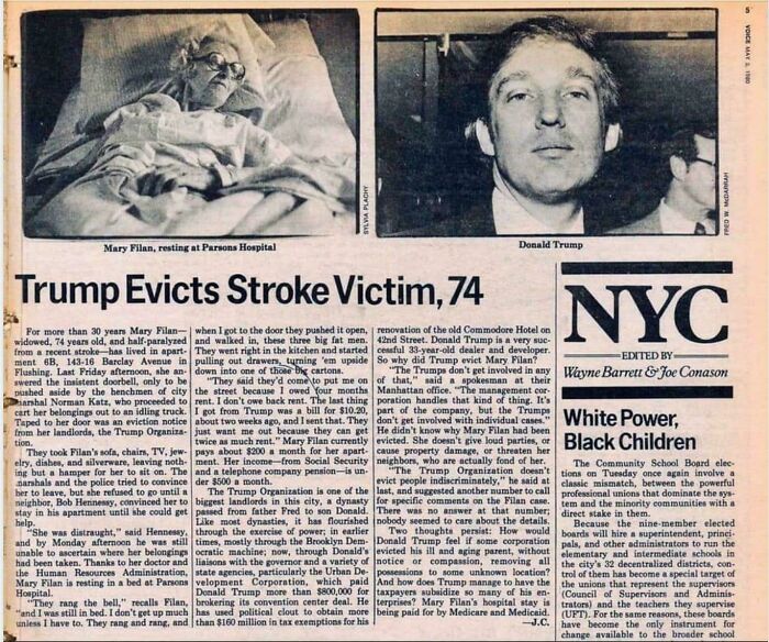 Elderly stroke victim evicted by Trump, highlighting harsh social and housing issues in NYC from 1980 newspaper article.