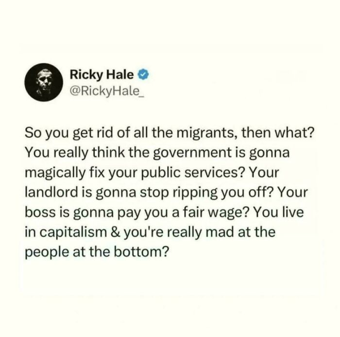 Ricky Hale's tweet calling out capitalism and societal issues in straight to the point posts about the world today.
