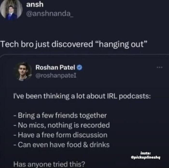 Screenshot of a social media post discussing IRL podcasts and casual hanging out, highlighting straight to the point posts.