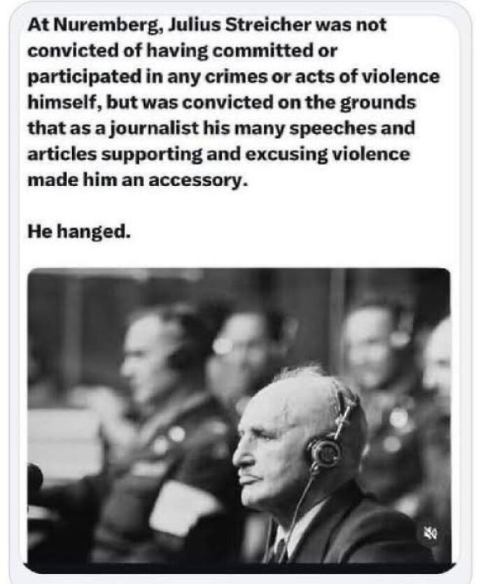 Black and white image of Julius Streicher at Nuremberg trial, illustrating a straight to the point post calling out the world.