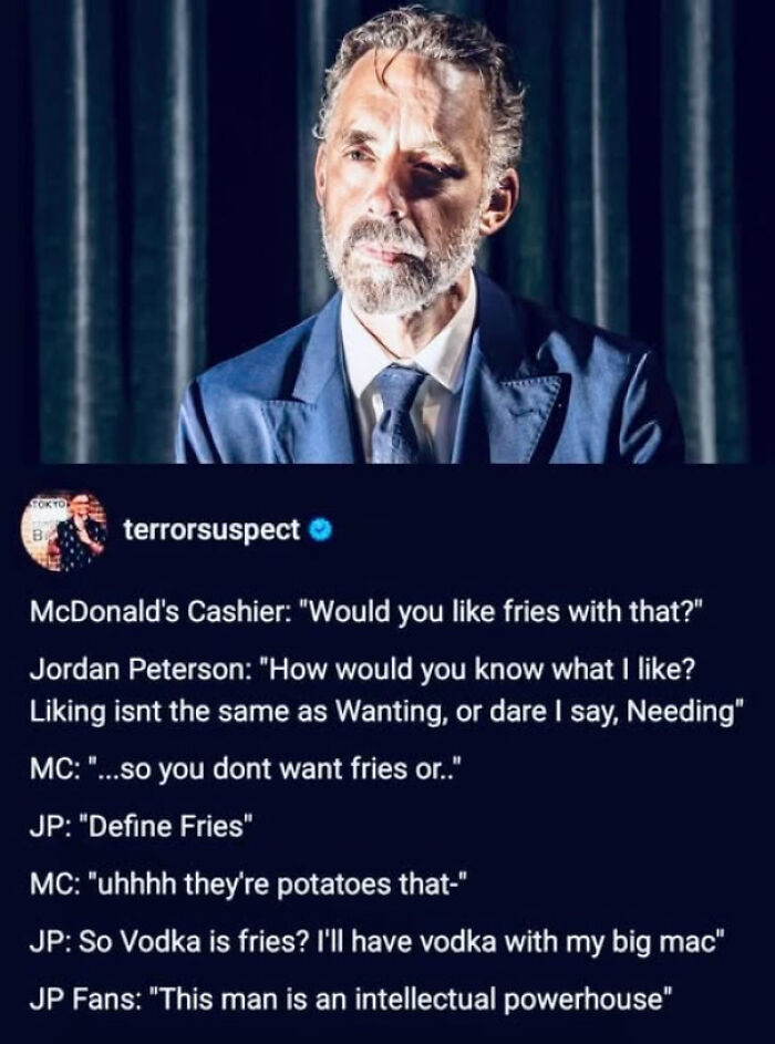 Man in a suit with a caption mocking fast food, capturing straight to the point posts calling out the world we're living in.