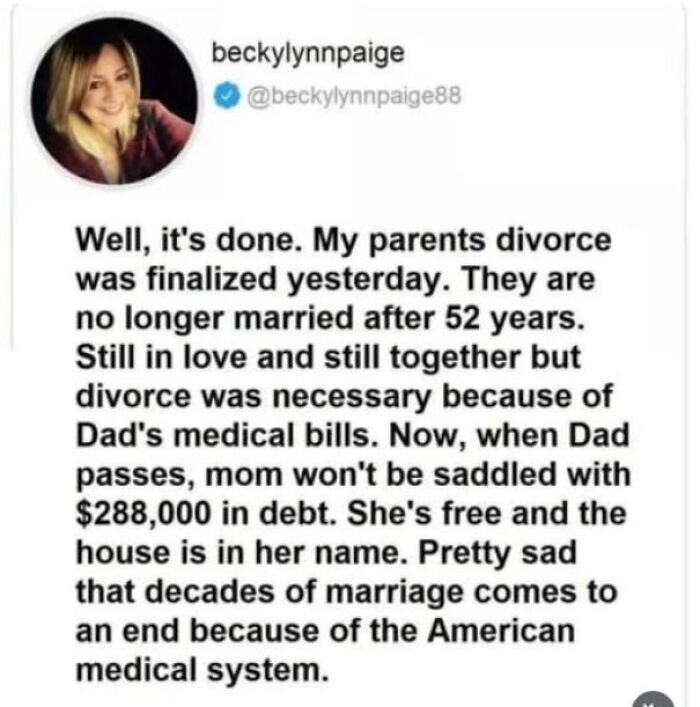 Social media post sharing a personal story about divorce and medical debt, highlighting issues with the American medical system.