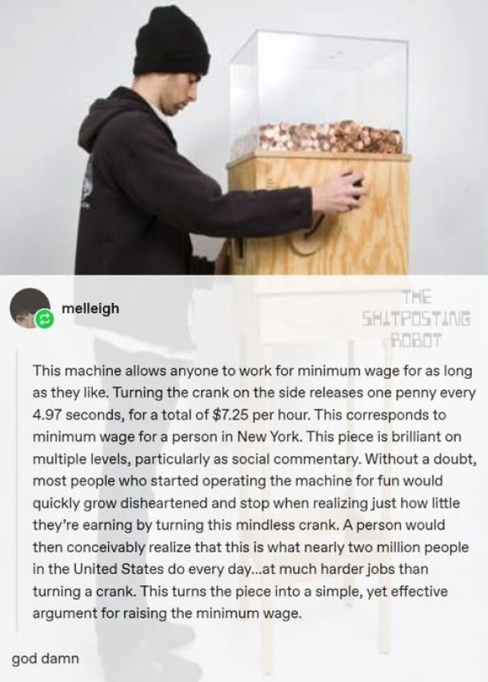 Person turning crank on machine illustrating minimum wage work, highlighting social commentary on current wage conditions.