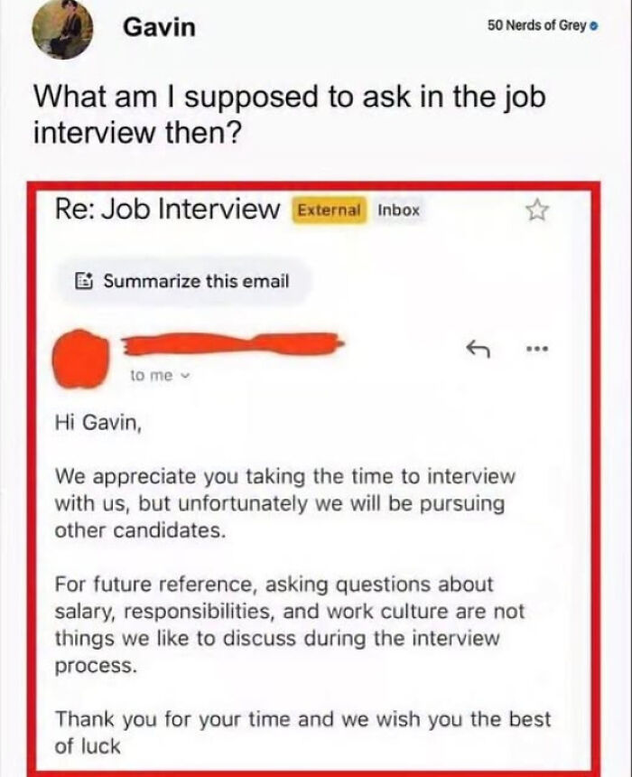 Email exchange about job interview rejection highlighting unwelcome questions on salary and culture in posts calling out the world today.