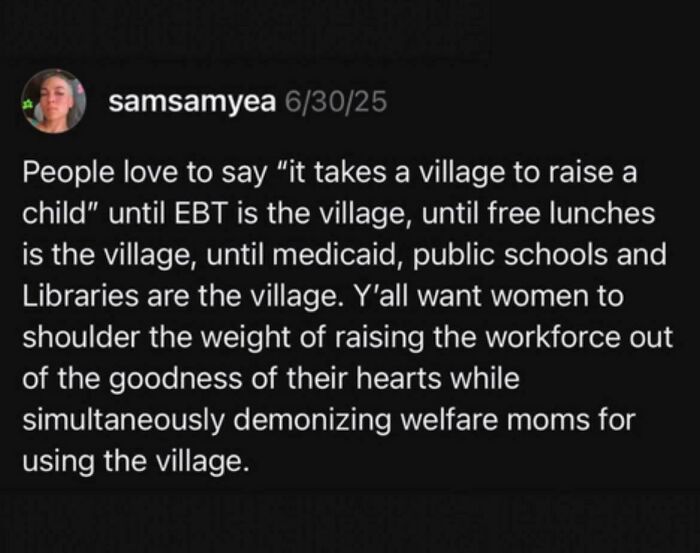 Social media post calling out the world we're living in, highlighting issues with welfare and societal expectations.