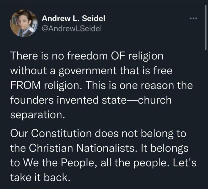 Screenshot of a social media post calling out issues about freedom of religion and government in straight to the point posts.