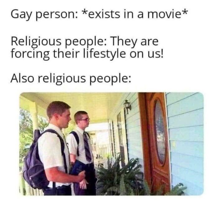 Religious people depicted as proselytizing on a porch, illustrating bold straight to the point posts about society.