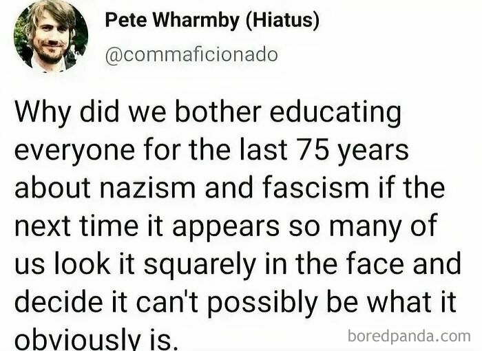 Tweet text discussing education on nazism and fascism, part of straight to the point posts calling out the world we're living in.