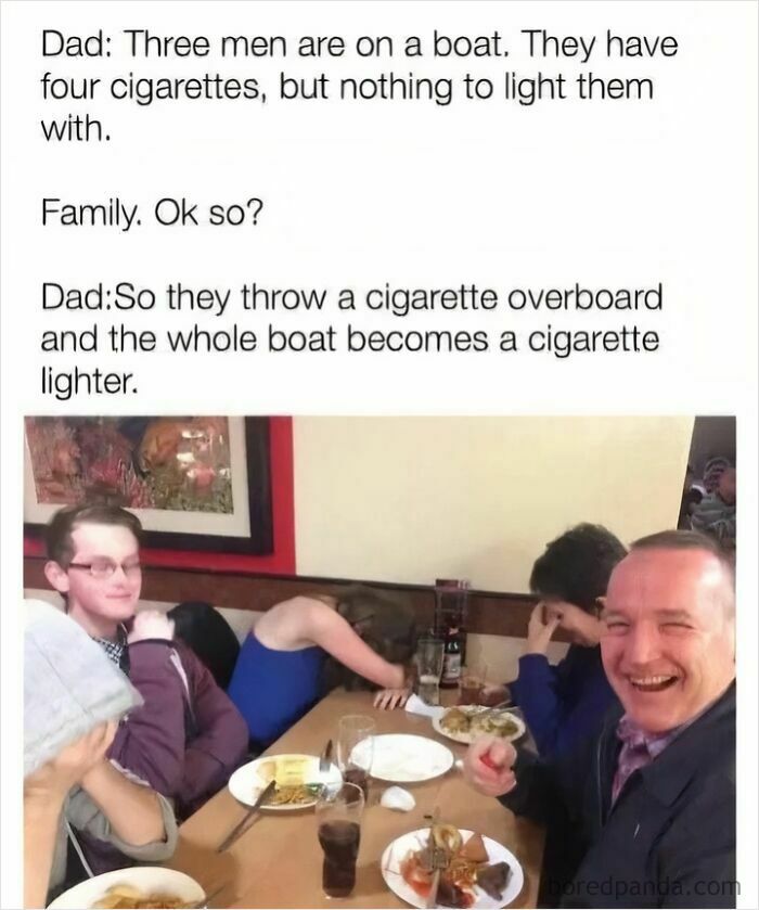 Family laughing at a funny dad joke about cigarettes on a boat, showcasing classic dad joke humor from this Facebook group.