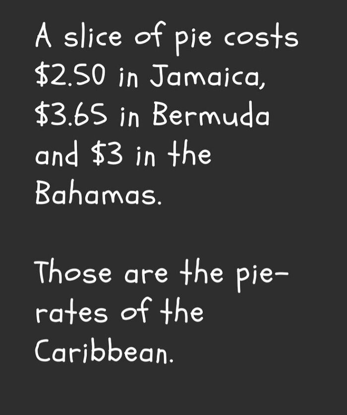Funny dad joke post showing a pun about pie prices and pirates in the Caribbean in playful handwritten text.