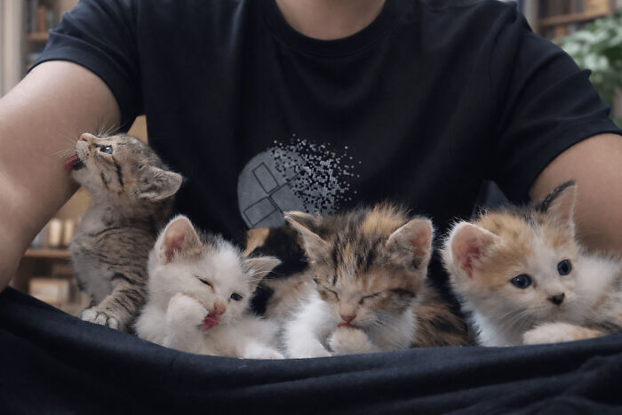 Four cozy newly adopted kittens resting on a person's lap, showcasing adorable winter pet beginnings.