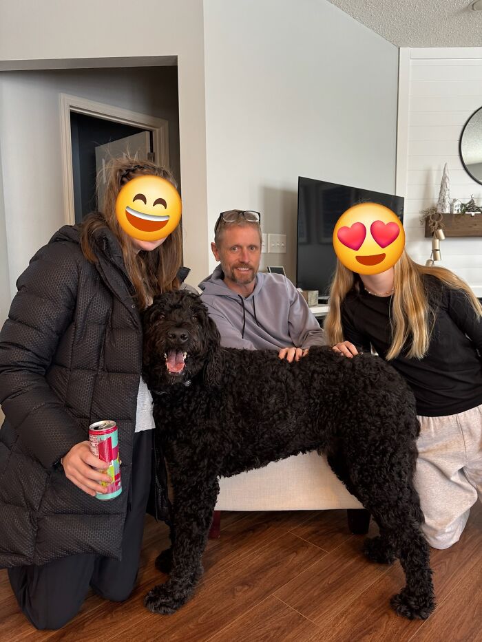 Three people with happy faces pose indoors with a large black dog, showing newly adopted pets cozy in winter.