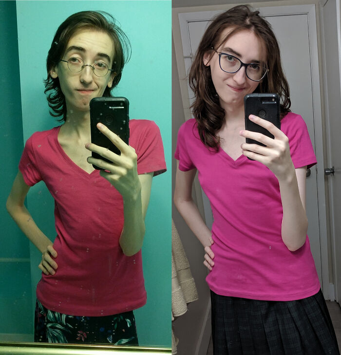 Before and after pics showing a dramatic personal transformation with changes in hairstyle, posture, and confidence in a pink shirt.