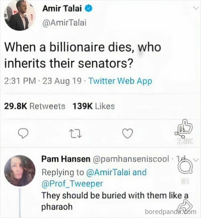 Tweet discussing billionaire influence in politics with a sarcastic reply highlighting societal issues in the world we’re living in.