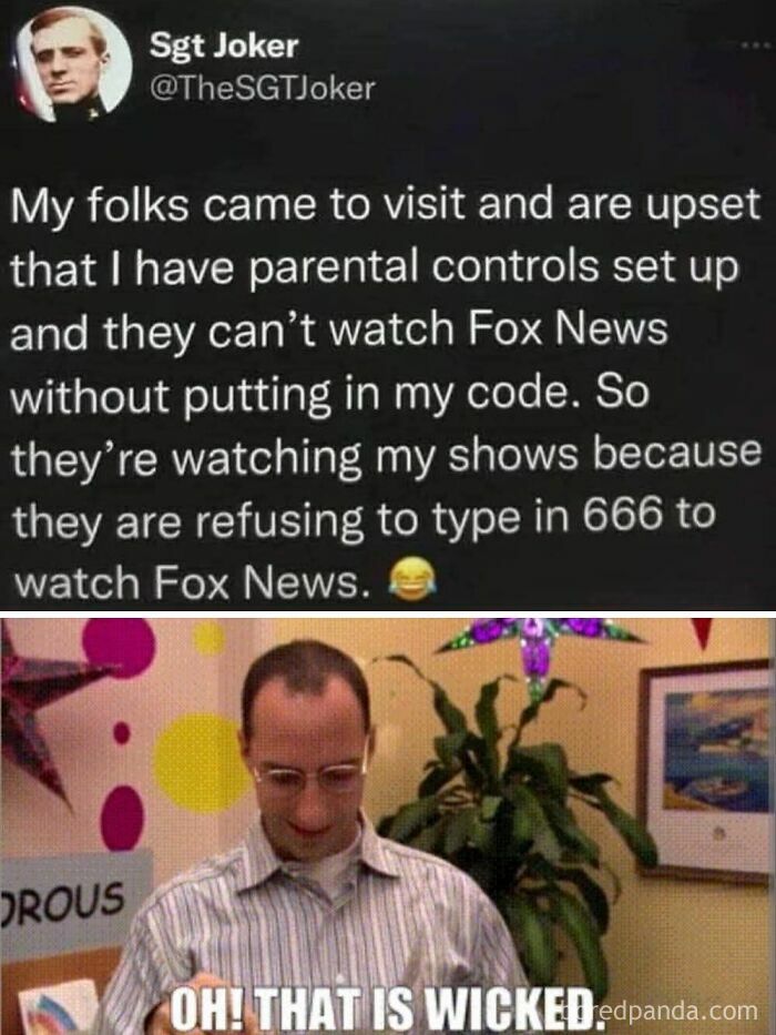 Screenshot of a post about parental controls refusing to watch Fox News, paired with a man saying that is wicked meme.