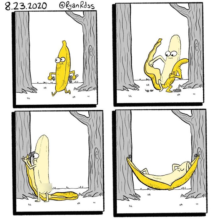 Comic artist creating dark absurd punchline with a cute banana character in a four-panel outdoor comic strip.