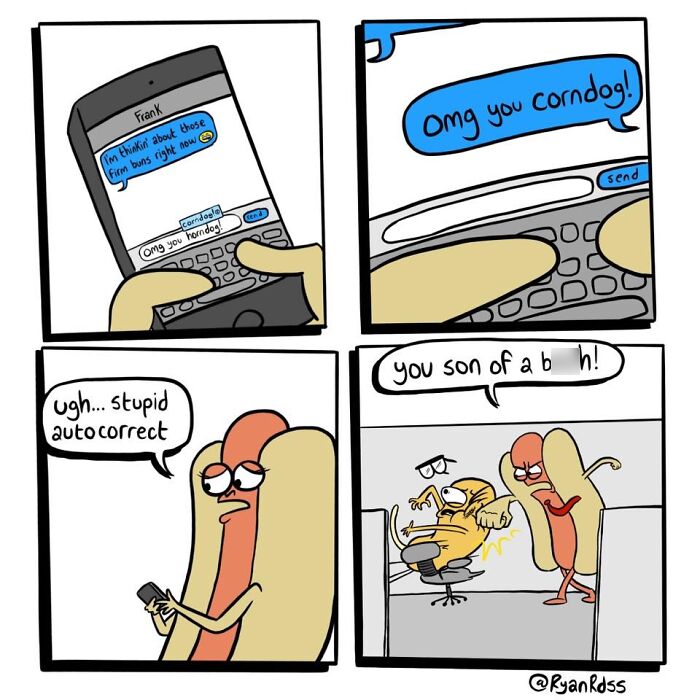 Comic artist’s dark, absurd punchline shows a hot dog character texting and angrily confronting a cat after autocorrect fail.