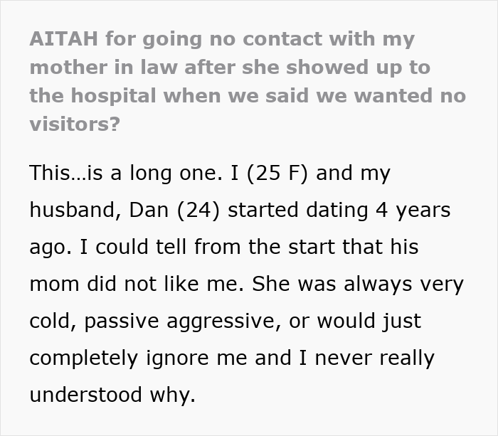 Text excerpt about a mother-in-law mistreating daughter-in-law, leading to no contact after a hospital incident. Text excerpt about a mother-in-law mistreating daughter-in-law, leading to no contact after a hospital incident.