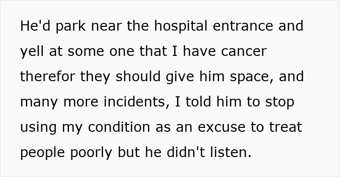 Text excerpt about husband use cancer diagnosis excuses, describing him claiming he has cancer to demand space Text excerpt about husband use cancer diagnosis excuses, describing him claiming he has cancer to demand space