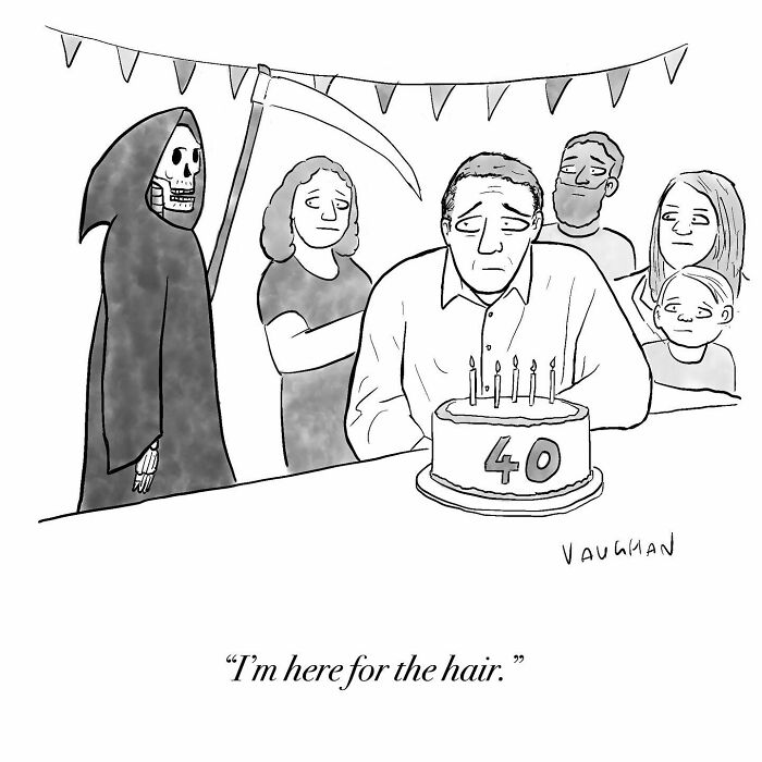 Black and white comic showing a grim reaper at a 40th birthday party, illustrating comedy from this artist’s best comics.