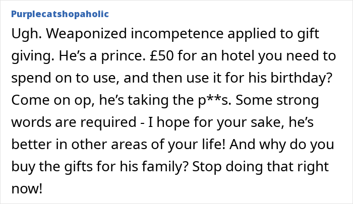 Comment expressing frustration over husband&rsquo;s abhorrent gifts and discussing ungrateful feelings in a gift-giving context.
