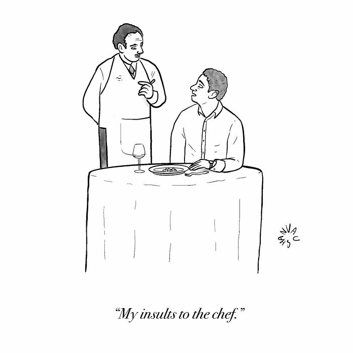 Black and white comic by artist showing a man at a restaurant table delivering comedy with his insults to the chef.