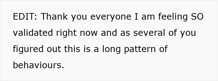 Forum screenshot: user edit thanking readers, feeling validated and noting a long pattern of behaviours over a heated blanket. Forum screenshot: user edit thanking readers, feeling validated and noting a long pattern of behaviours over a heated blanket.