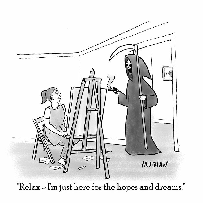 Artist drawing calmly while grim reaper smoking, illustrating comedy and dark humor in comic art style.