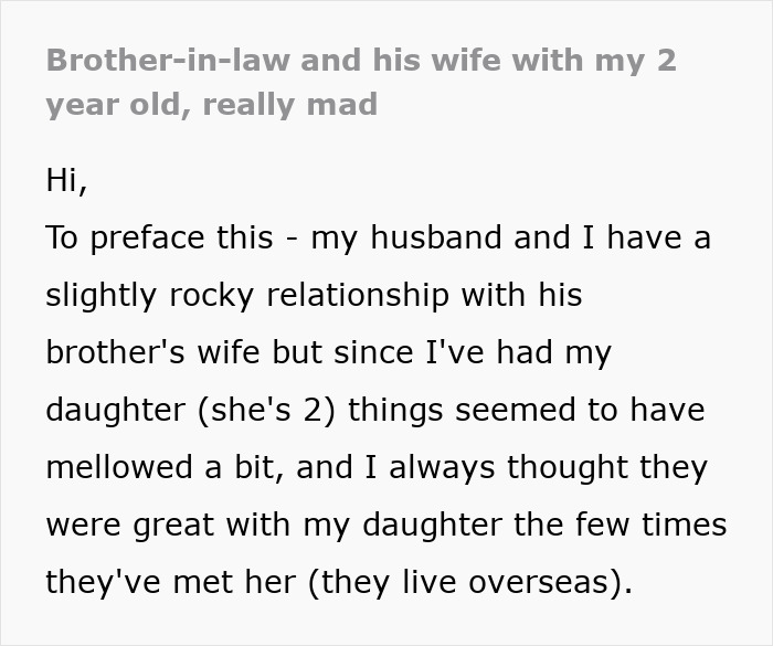Forum screenshot about a woman furious at BIL and his wife laughing at her 2-year-old daughter
