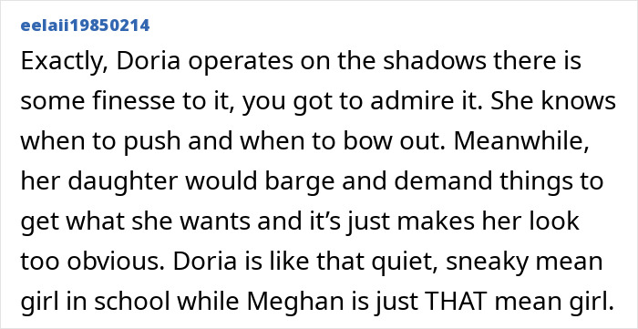 Comment discussing Meghan Markle&rsquo;s alleged rift with mom Doria, highlighting their contrasting personalities and behavior.
