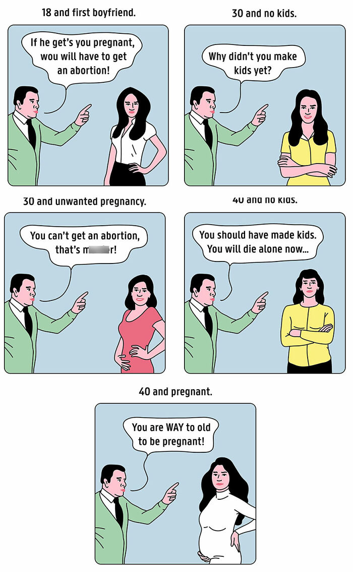Studio Stoutpoep illustrations: comic of a man berating women at different ages about pregnancy