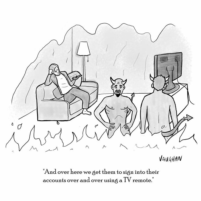 Two devils in flames watch a man relax on a couch using a TV remote, illustrating comedy in an unexpected setting.