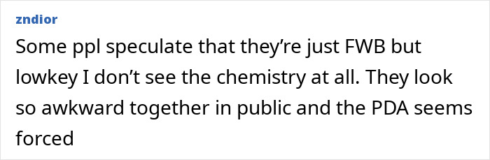 Text post discussing speculation about Timoth&eacute;e Chalamet and Kylie Jenner&rsquo;s awkward public chemistry and forced PDA.