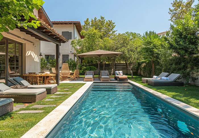 Private backyard pool with lounge chairs and umbrella emphasizing grandchild safety concerns and babysitting trust issues. Private backyard pool with lounge chairs and umbrella emphasizing grandchild safety concerns and babysitting trust issues.