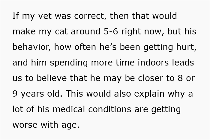 Text describing a cat&rsquo;s age, behavior, and medical conditions as it spends more time indoors and faces health issues with age.